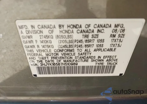 2007 Honda Ridgeline Rtl from USA, damaged, VIN 2HJYK16587H510989